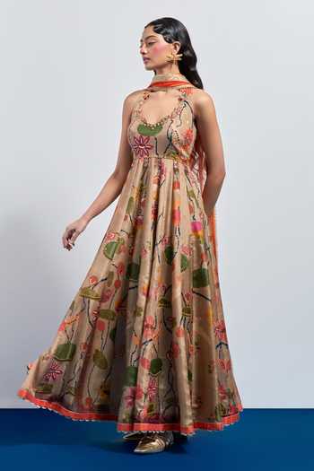 Buy Aum By Asit And Ashima Beige Silk Halter Neck Printed Anarkali And Dupatta Online at Aza Fashions Buy_Aum By Asit And Ashima_Beige Silk Halter Neck Printed Anarkali And Dupatta _Online_at_Aza_Fashions