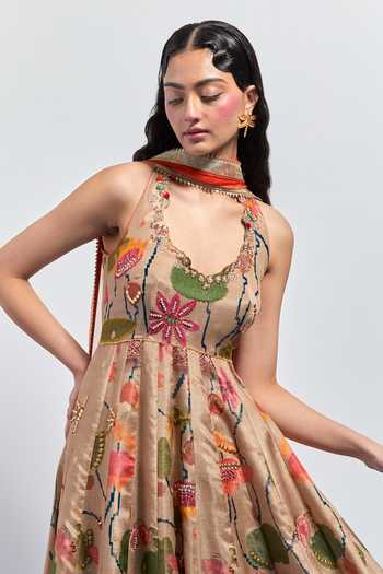 Shop Aum By Asit And Ashima Beige Silk Halter Neck Printed Anarkali And Dupatta Online at Aza Fashions Shop_Aum By Asit And Ashima_Beige Silk Halter Neck Printed Anarkali And Dupatta _Online_at_Aza_Fashions