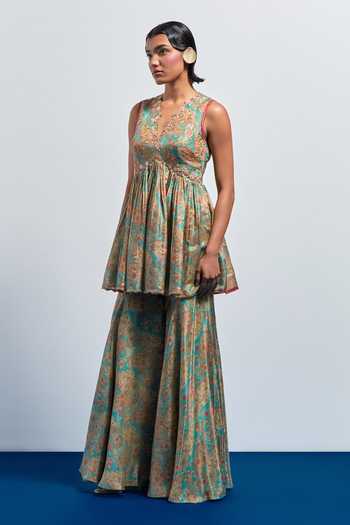 Aum By Asit And Ashima_Blue Silk V-neck Printed Peplum Top And Sharara Set _Online_at_Aza_Fashions