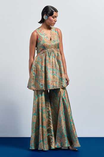 Buy_Aum By Asit And Ashima_Blue Silk V-neck Printed Peplum Top And Sharara Set _Online_at_Aza_Fashions