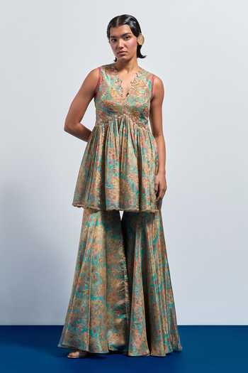Aum By Asit And Ashima Printed Peplum Top & Sharara Set 