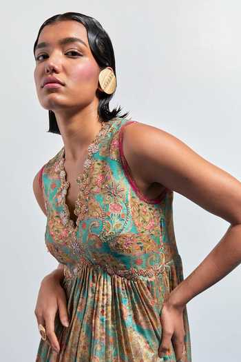 Shop_Aum By Asit And Ashima_Blue Silk V-neck Printed Peplum Top And Sharara Set _Online_at_Aza_Fashions