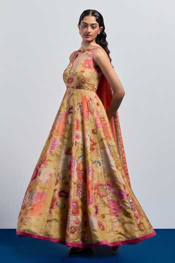 Aum By Asit And Ashima_Beige Organza V-, Halter Floral Print Anarkali With Dupatta _Online_at_Aza_Fashions