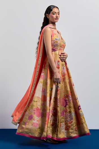 Buy_Aum By Asit And Ashima_Beige Organza V-, Halter Floral Print Anarkali With Dupatta _Online_at_Aza_Fashions