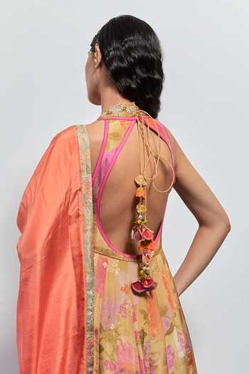 Shop_Aum By Asit And Ashima_Beige Organza V-, Halter Floral Print Anarkali With Dupatta _Online_at_Aza_Fashions