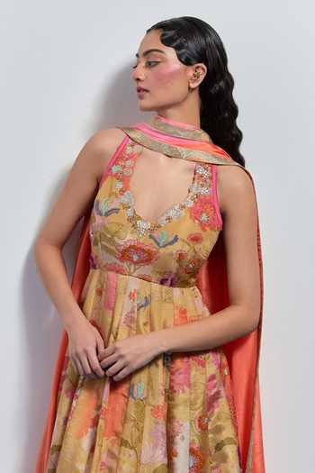 Aum By Asit And Ashima_Beige Organza V-, Halter Floral Print Anarkali With Dupatta _at_Aza_Fashions