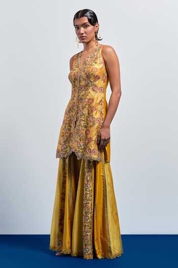 Aum By Asit And Ashima Yellow Silk, Brocade V-neck Embroidered Peplum Kurta And Sharara Set Online at Aza Fashions Aum By Asit And Ashima_Yellow Silk, Brocade V-neck Embroidered Peplum Kurta And Sharara Set _Online_at_Aza_Fashions