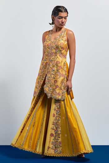 Buy Aum By Asit And Ashima Yellow Silk, Brocade V-neck Embroidered Peplum Kurta And Sharara Set Online at Aza Fashions Buy_Aum By Asit And Ashima_Yellow Silk, Brocade V-neck Embroidered Peplum Kurta And Sharara Set _Online_at_Aza_Fashions