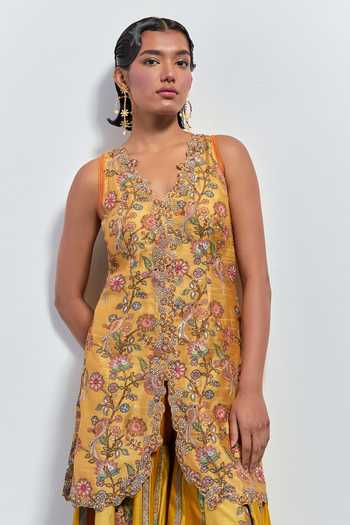 Shop Aum By Asit And Ashima Yellow Silk, Brocade V-neck Embroidered Peplum Kurta And Sharara Set Online at Aza Fashions Shop_Aum By Asit And Ashima_Yellow Silk, Brocade V-neck Embroidered Peplum Kurta And Sharara Set _Online_at_Aza_Fashions