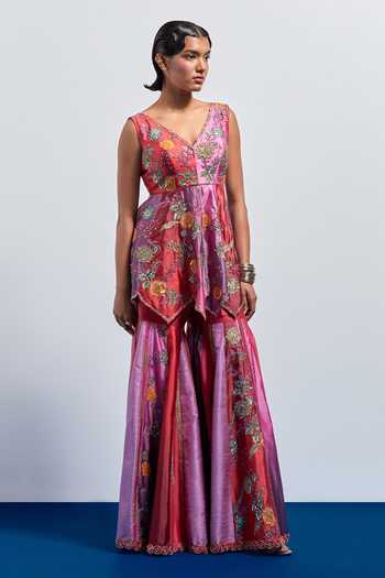 Aum By Asit And Ashima_Pink Silk V-neck Embroidered Peplum Top And Sharara Set _Online_at_Aza_Fashions