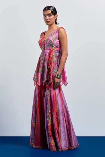 Buy_Aum By Asit And Ashima_Pink Silk V-neck Embroidered Peplum Top And Sharara Set _Online_at_Aza_Fashions