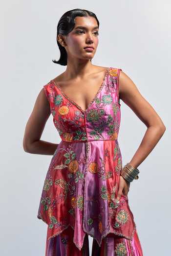 Shop_Aum By Asit And Ashima_Pink Silk V-neck Embroidered Peplum Top And Sharara Set _Online_at_Aza_Fashions
