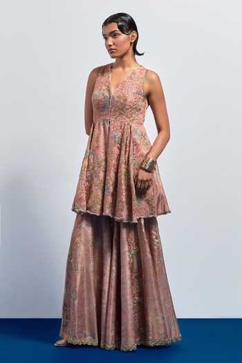 Aum By Asit And Ashima_Pink Silk V-neck Embroidered Peplum Top And Sharara Set _Online_at_Aza_Fashions