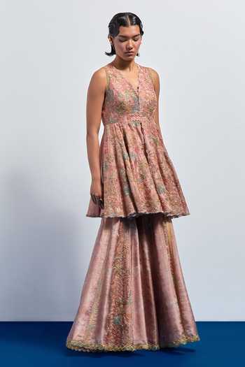 Buy_Aum By Asit And Ashima_Pink Silk V-neck Embroidered Peplum Top And Sharara Set _Online_at_Aza_Fashions