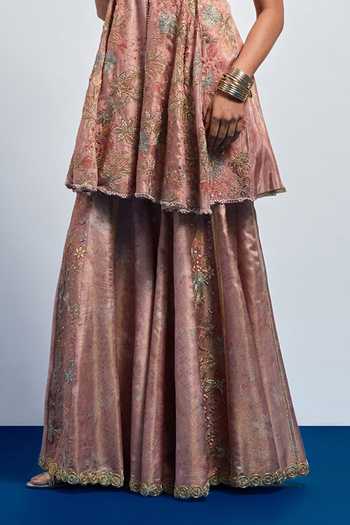 Shop_Aum By Asit And Ashima_Pink Silk V-neck Embroidered Peplum Top And Sharara Set _Online_at_Aza_Fashions
