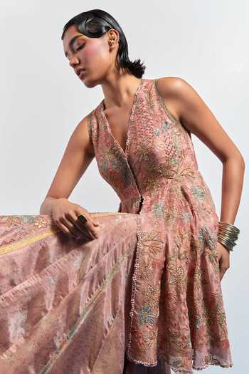 Aum By Asit And Ashima_Pink Silk V-neck Embroidered Peplum Top And Sharara Set _at_Aza_Fashions