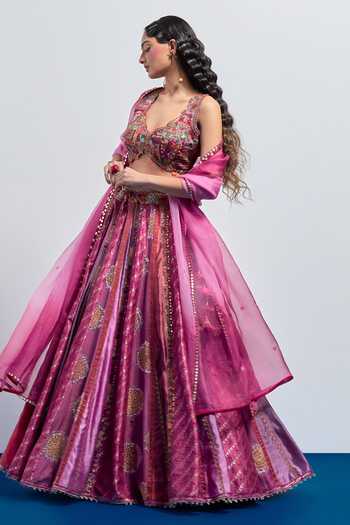 Aum By Asit And Ashima_Magenta Silk, Organza V-neck Leheriya Print Lehenga Set _Online_at_Aza_Fashions