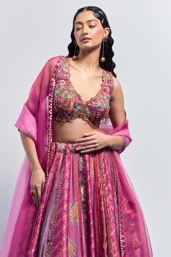 Buy_Aum By Asit And Ashima_Magenta Silk, Organza V-neck Leheriya Print Lehenga Set _Online_at_Aza_Fashions