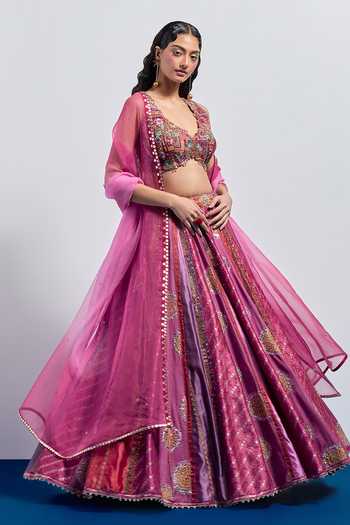Shop_Aum By Asit And Ashima_Magenta Silk, Organza V-neck Leheriya Print Lehenga Set _Online_at_Aza_Fashions