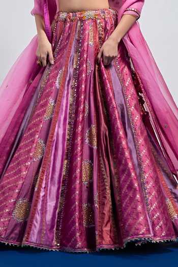 Aum By Asit And Ashima_Magenta Silk, Organza V-neck Leheriya Print Lehenga Set _at_Aza_Fashions