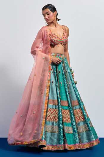 Aum By Asit And Ashima Multi Color Silk, Organza Sweetheart Neck Teal Green Embroidered Lehenga Set Online at Aza Fashions Aum By Asit And Ashima_Multi Color Silk, Organza Sweetheart Neck Teal Green Embroidered Lehenga Set _Online_at_Aza_Fashions