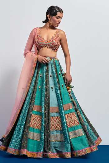 Aum By Asit And Ashima Teal Green Embroidered Lehenga Set 