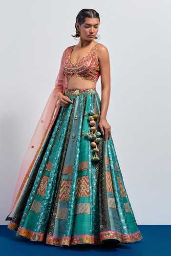 Buy Aum By Asit And Ashima Multi Color Silk, Organza Sweetheart Neck Teal Green Embroidered Lehenga Set Online at Aza Fashions Buy_Aum By Asit And Ashima_Multi Color Silk, Organza Sweetheart Neck Teal Green Embroidered Lehenga Set _Online_at_Aza_Fashions