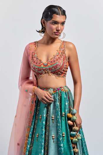 Shop Aum By Asit And Ashima Multi Color Silk, Organza Sweetheart Neck Teal Green Embroidered Lehenga Set Online at Aza Fashions Shop_Aum By Asit And Ashima_Multi Color Silk, Organza Sweetheart Neck Teal Green Embroidered Lehenga Set _Online_at_Aza_Fashions