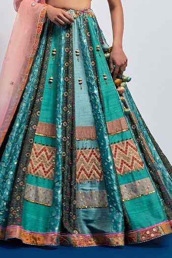 Aum By Asit And Ashima Multi Color Silk, Organza Sweetheart Neck Teal Green Embroidered Lehenga Set at Aza Fashions Aum By Asit And Ashima_Multi Color Silk, Organza Sweetheart Neck Teal Green Embroidered Lehenga Set _at_Aza_Fashions