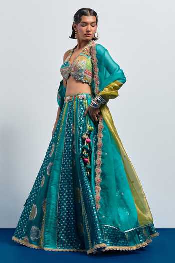 Aum By Asit And Ashima_Blue Silk, Organza V-, Halter Embroidered Lehenga Set _Online_at_Aza_Fashions