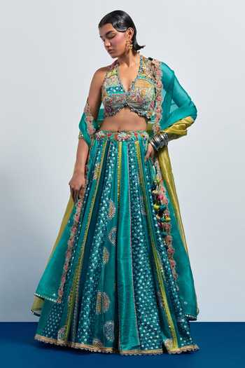 Aum By Asit And Ashima Blue Embroidered Lehenga Set 