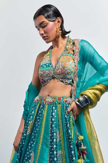 Buy_Aum By Asit And Ashima_Blue Silk, Organza V-, Halter Embroidered Lehenga Set _Online_at_Aza_Fashions