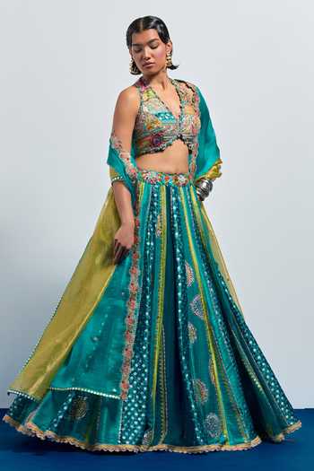 Shop_Aum By Asit And Ashima_Blue Silk, Organza V-, Halter Embroidered Lehenga Set _Online_at_Aza_Fashions