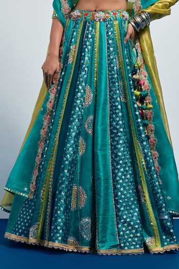 Aum By Asit And Ashima_Blue Silk, Organza V-, Halter Embroidered Lehenga Set _at_Aza_Fashions