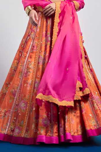 Aum By Asit And Ashima Pink Silk, Brocade V-neck Printed Lehenga Set Online at Aza Fashions Aum By Asit And Ashima_Pink Silk, Brocade V-neck Printed Lehenga Set _Online_at_Aza_Fashions