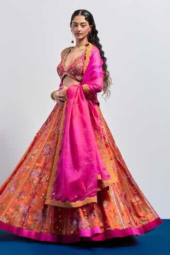 Buy Aum By Asit And Ashima Pink Silk, Brocade V-neck Printed Lehenga Set Online at Aza Fashions Buy_Aum By Asit And Ashima_Pink Silk, Brocade V-neck Printed Lehenga Set _Online_at_Aza_Fashions