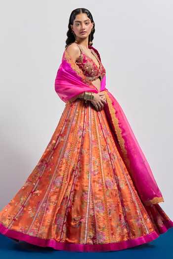 Shop Aum By Asit And Ashima Pink Silk, Brocade V-neck Printed Lehenga Set Online at Aza Fashions Shop_Aum By Asit And Ashima_Pink Silk, Brocade V-neck Printed Lehenga Set _Online_at_Aza_Fashions