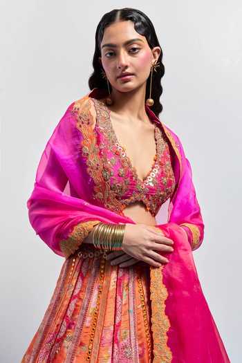 Aum By Asit And Ashima Pink Silk, Brocade V-neck Printed Lehenga Set at Aza Fashions Aum By Asit And Ashima_Pink Silk, Brocade V-neck Printed Lehenga Set _at_Aza_Fashions