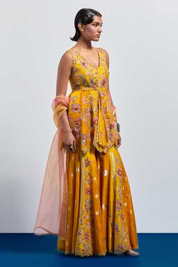 Aum By Asit And Ashima_Yellow Silk V-neck Printed Peplum Top Sharara Set _Online_at_Aza_Fashions