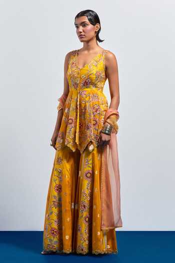Buy_Aum By Asit And Ashima_Yellow Silk V-neck Printed Peplum Top Sharara Set _Online_at_Aza_Fashions