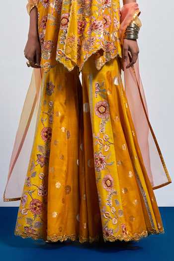 Shop_Aum By Asit And Ashima_Yellow Silk V-neck Printed Peplum Top Sharara Set _Online_at_Aza_Fashions