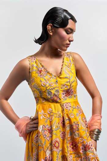 Aum By Asit And Ashima_Yellow Silk V-neck Printed Peplum Top Sharara Set _at_Aza_Fashions
