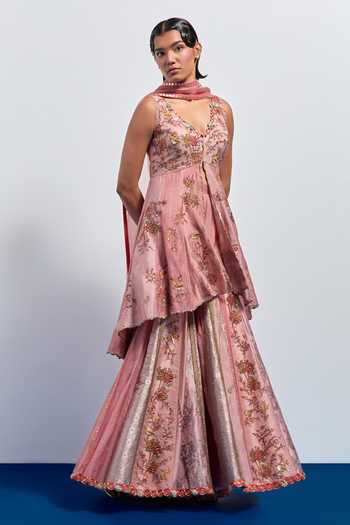 Aum By Asit And Ashima Pink Silk, Brocade V-neck, Yes Floral Print Kurta Sharara Set Online at Aza Fashions Aum By Asit And Ashima_Pink Silk, Brocade V-neck, Yes Floral Print Kurta Sharara Set _Online_at_Aza_Fashions