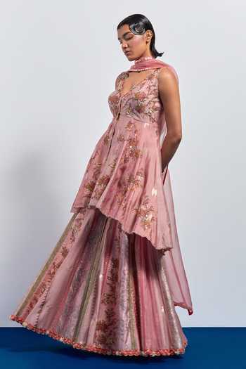 Buy Aum By Asit And Ashima Pink Silk, Brocade V-neck, Yes Floral Print Kurta Sharara Set Online at Aza Fashions Buy_Aum By Asit And Ashima_Pink Silk, Brocade V-neck, Yes Floral Print Kurta Sharara Set _Online_at_Aza_Fashions