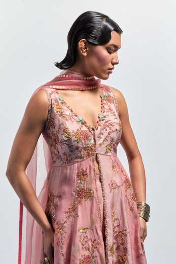 Shop Aum By Asit And Ashima Pink Silk, Brocade V-neck, Yes Floral Print Kurta Sharara Set Online at Aza Fashions Shop_Aum By Asit And Ashima_Pink Silk, Brocade V-neck, Yes Floral Print Kurta Sharara Set _Online_at_Aza_Fashions