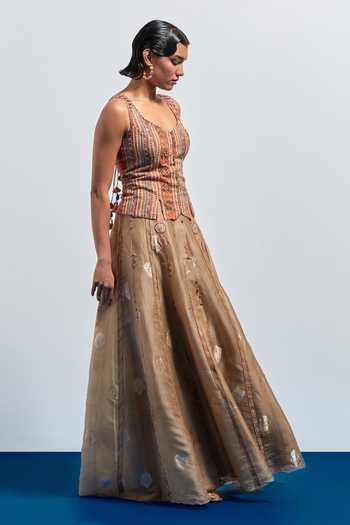 Aum By Asit And Ashima Beige Silk, Organza Beads, Tassels V-neck Embroidered Skirt And Corset Set Online at Aza Fashions Aum By Asit And Ashima_Beige Silk, Organza Beads, Tassels V-neck Embroidered Skirt And Corset Set _Online_at_Aza_Fashions