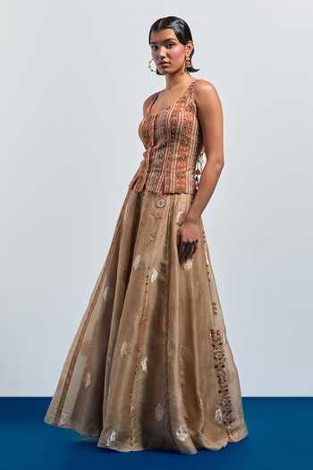 Buy Aum By Asit And Ashima Beige Silk, Organza Beads, Tassels V-neck Embroidered Skirt And Corset Set Online at Aza Fashions Buy_Aum By Asit And Ashima_Beige Silk, Organza Beads, Tassels V-neck Embroidered Skirt And Corset Set _Online_at_Aza_Fashions
