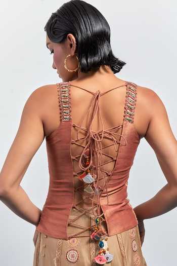 Shop Aum By Asit And Ashima Beige Silk, Organza Beads, Tassels V-neck Embroidered Skirt And Corset Set Online at Aza Fashions Shop_Aum By Asit And Ashima_Beige Silk, Organza Beads, Tassels V-neck Embroidered Skirt And Corset Set _Online_at_Aza_Fashions