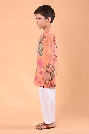 THE COTTON STAPLE_Orange Cotton Bug Floral Kurta And Pant Set _Online_at_Aza_Fashions