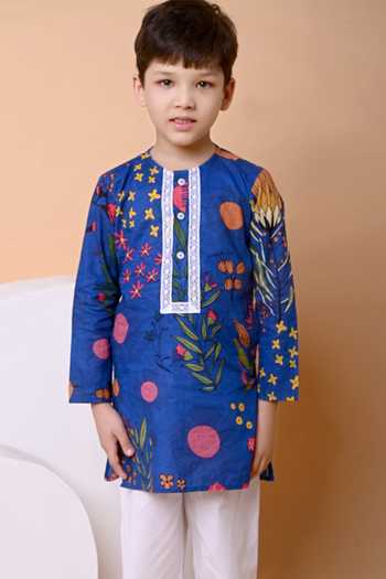 Buy_THE COTTON STAPLE_Blue Cotton Heron Print Kurta And Pant Set _Online_at_Aza_Fashions